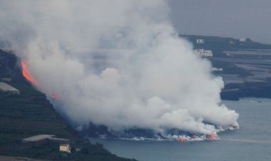 Lava from the volcano on the island of La Palma reaches the sea