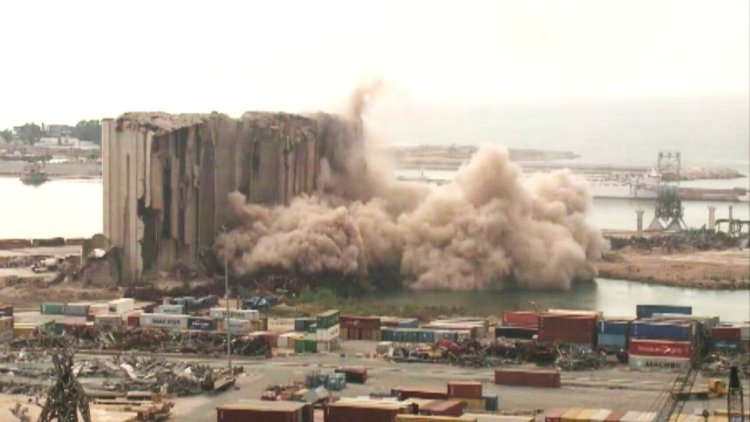 Beirut's blast-damaged grain silos partially collapse